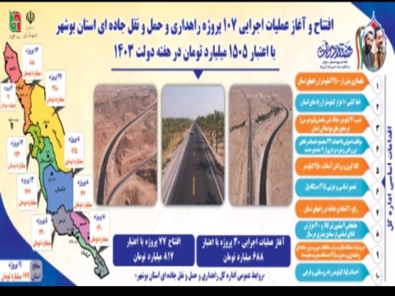آغاز و افتتاح ۱۰۷ پروژه راهداری و حمل و نقل جاده‌ای بوشهر در هفته دولت
